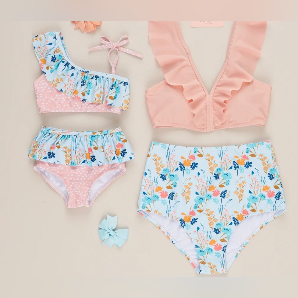 NEW…Mom & Me Pink & Blue Floral Ruffle Swim Set